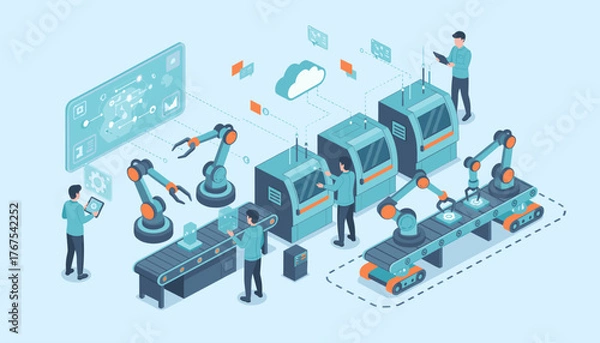 Fototapeta Isometric illustration of a futuristic automated production line featuring robotic arms, conveyor belts, and human workers interacting with advanced technology and digital interfaces, representing