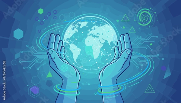Fototapeta Abstract illustration of two hands cradling a glowing digital globe, representing global network connection, technology, and scientific advancement, set against a futuristic blue background with