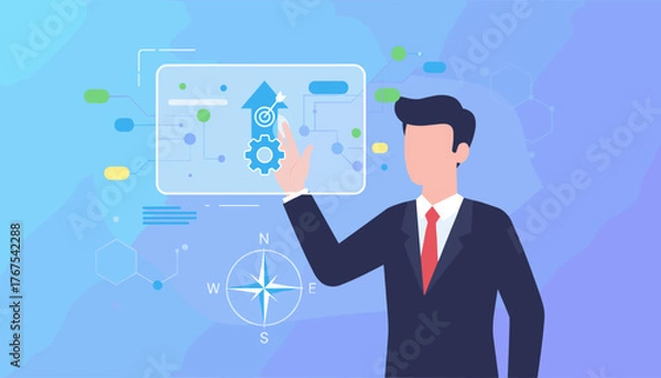 Fototapeta Abstract concept of business strategy and action plan with a man in a suit interacting with a digital interface showing growth, gears, and a target, symbolizing progress and goal achievement in a