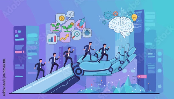 Fototapeta Conceptual illustration of artificial intelligence assisting business growth and innovation, with businessmen climbing a robotic arm towards a brain icon and upward trending charts, symbolizing