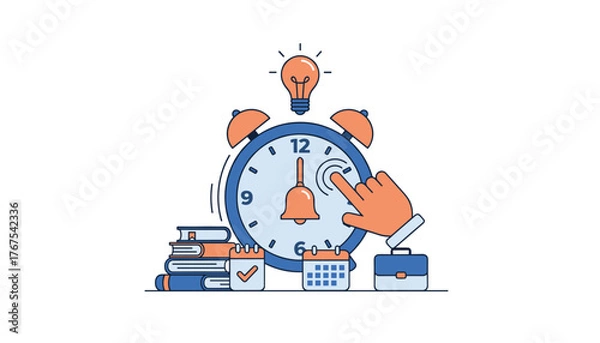 Fototapeta Conceptual illustration of time management and productivity, featuring a ringing alarm clock with a glowing lightbulb above, symbolizing ideas and innovation, alongside a stack of books, a calendar