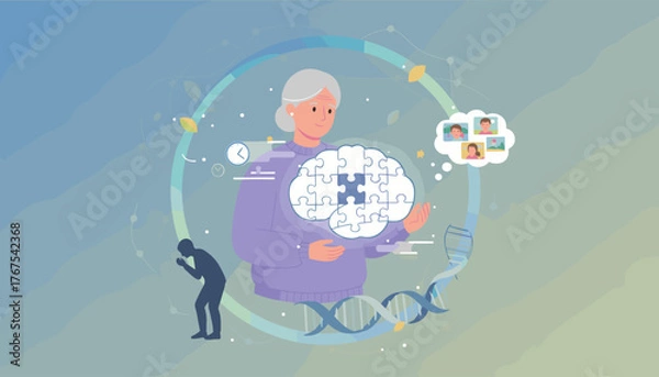 Fototapeta Alzheimer's disease concept illustration: An elderly woman holds a jigsaw puzzle brain, symbolizing memory loss and cognitive decline, with a DNA helix and a silhouette of a distressed person