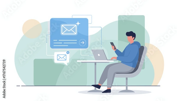 Fototapeta Modern flat illustration of a person using a smartphone and laptop, receiving email notifications on a digital interface, symbolizing communication and connectivity in a contemporary business or