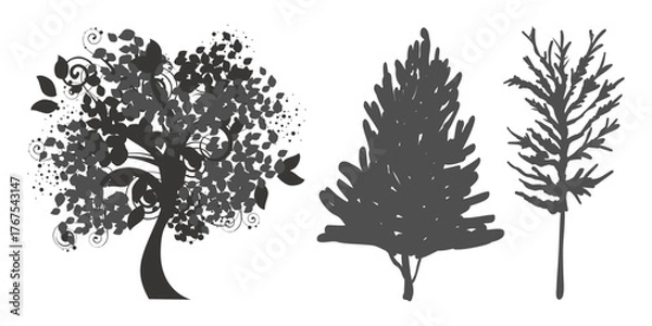 Fototapeta Set of Minimal CAD Tree Elements – Modern Line Art Symbols for Landscape and Architectural Design | Vector Foliage Outline Illustration