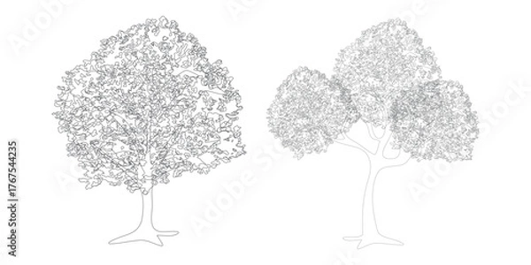 Fototapeta Set of Minimal CAD Tree Elements – Modern Line Art Symbols for Landscape and Architectural Design | Vector Foliage Outline Illustration