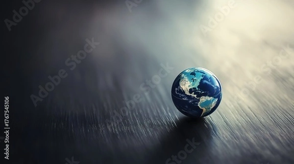 Fototapeta atlas. Miniature globe resting on a wooden surface with soft lighting, representing exploration and global themes. tourism brochures.