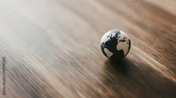 Fototapeta atlas. Miniature globe resting on a wooden surface with soft lighting, representing exploration and global themes. tourism brochures.