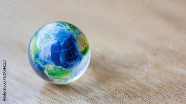 Fototapeta atlas. Miniature globe resting on a wooden surface with soft lighting, representing exploration and global themes. tourism brochures.