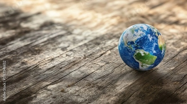 Fototapeta atlas. Miniature globe resting on a wooden surface with soft lighting, representing exploration and global themes. tourism brochures.