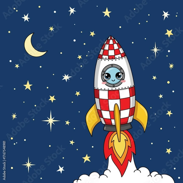 Obraz Cute Cat in Rocket Flying to Space