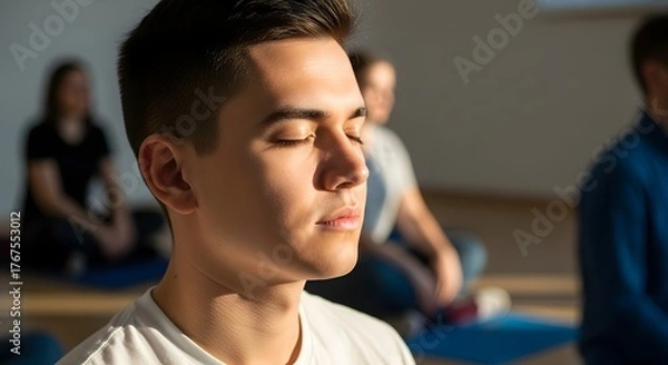 Fototapeta Young Man Meditating in Group Mindfulness Class