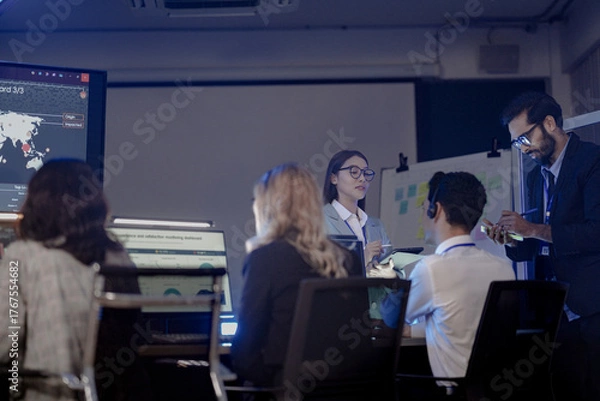 Fototapeta Future mission control synergy Diverse team leverages AI predictive insights interactive screens guide complex operations leader directs augmented human AI team achieve optimal results faster now.