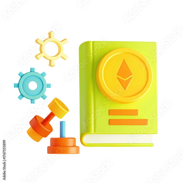 Fototapeta Colorful book representing cryptocurrency concepts features gears and weights symbolizing market regulation