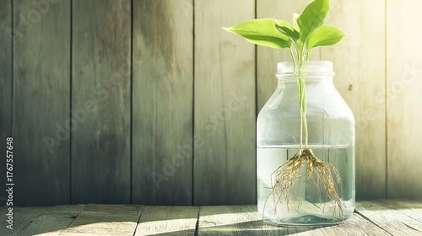 Fototapeta carboy. Clear glass carboy with floating green plant and visible roots on rustic wooden surface. gardening catalogs, home-decor guides, designed for home decor and floral branding.