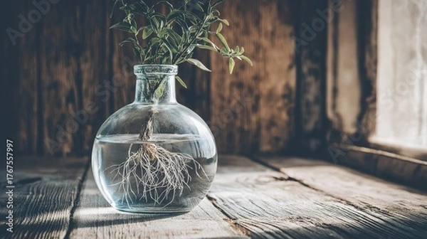 Fototapeta carboy. Clear glass carboy with floating green plant and visible roots on rustic wooden surface. gardening catalogs, home-decor guides, designed for home decor and floral branding.