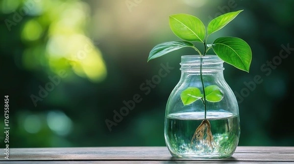 Fototapeta carboy. Clear glass carboy with floating green plant and visible roots on rustic wooden surface. gardening catalogs, home-decor guides, designed for home decor and floral branding.