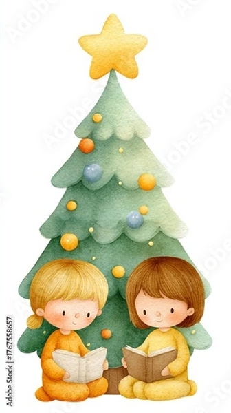 Fototapeta Two children read storybooks beside a whimsical Christmas tree, creating a magical holiday atmosphere filled with joy and warmth.