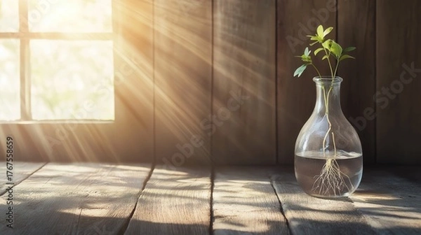 Fototapeta carboy. Clear glass carboy with floating green plant and visible roots on rustic wooden surface. gardening catalogs, home-decor guides, designed for home decor and floral branding.