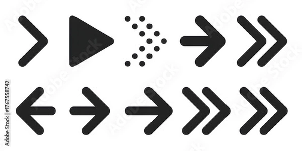 Fototapeta Set of simple arrow icons black vector glyphs for navigation and direction isolated on white background