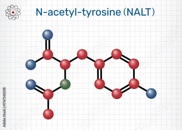 Fototapeta N-acetyl-tyrosine (NALT) molecule. Cognitive enhancer, acetylated derivative of tyrosine amino acid. Structural formula. Sheet of paper in a cage. Molecular model. Vector Illustration