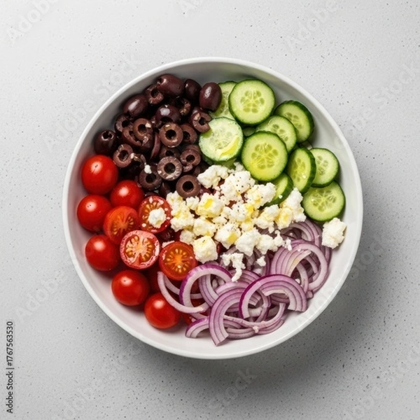 Obraz Fresh and Colorful Greek Salad Bowl with Vegetables and Olives.