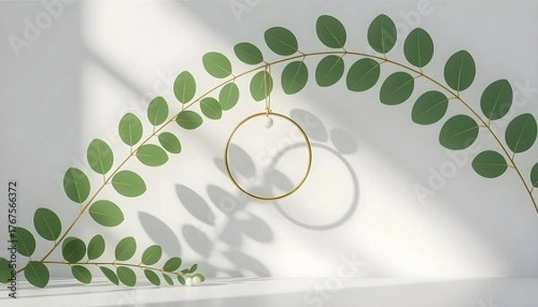 Obraz Elegant gold ring suspended from a delicate branch with soft shadows and natural light creating a serene, minimalist scene