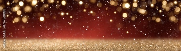 Fototapeta Luxury christmas background with red and gold festive backdrop holiday celebration wide banner golden lights template