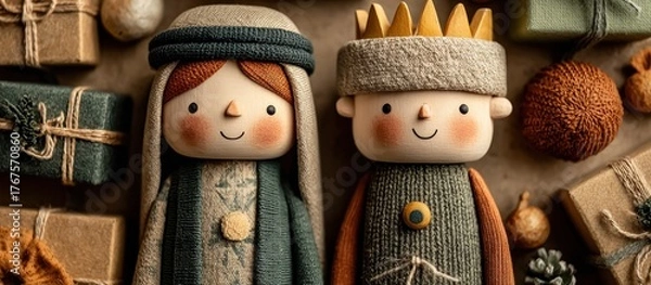 Obraz Adorable dolls of figures, surrounded by wrapped gifts, a festive theme