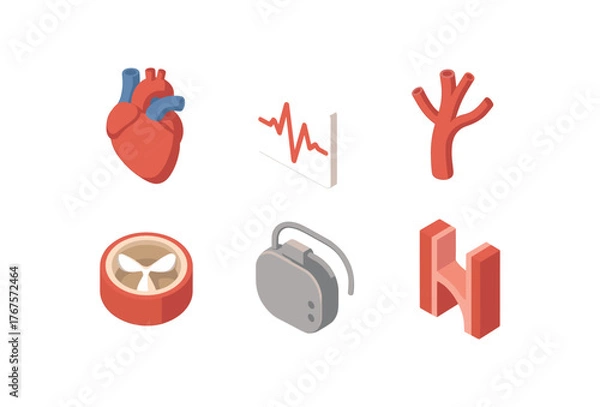 Obraz isometric icon items isolated on white background cardiac chamber heartbeat rhythm coronary artery heart valve pacemaker device ventricular