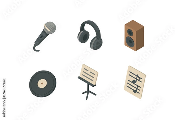 Obraz isometric icon items isolated on white background music (equipment): microphone headphones speaker vinyl record music stand sheet music