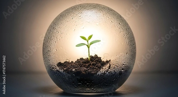 Fototapeta Vibrant green seedling sprouts from rich soil inside a dew-kissed glass sphere, symbolizing growth, new beginnings, and protected potential in a bright, hopeful setting.