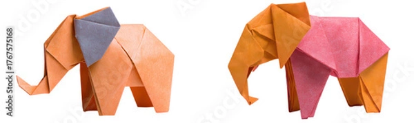 Fototapeta Colorful Origami Elephants Made from Paper in Bright Tones Isolate on Transparent Background, png