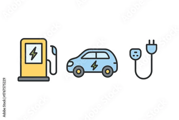 Fototapeta outline colorful icon isolated on transparent background flat vector illustration style electric vehicle theme including EV charger electric and charging cable
