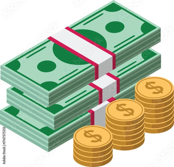 Obraz Banking and Financial Savings, Gold Coins with Dollar Bills. Capital Growth and Profit Concept, Money Stack Isometric Illustration.