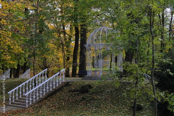 Fototapeta Beautiful autumn park filled with golden-yellow trees, cozy benches, and winding walking paths. Fallen leaves cover the ground, creating a peaceful and romantic atmosphere perfect for relaxation