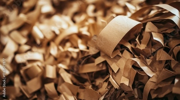 Fototapeta Shredded brown paper, like from a regular office shredder, shown up close.
