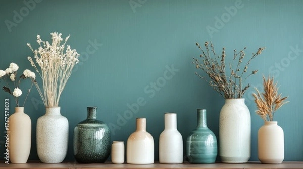 Fototapeta Simple interior with ceramic vases on a teal wall. A showroom displays neutral home decorations. Neutral and stylish home design.
