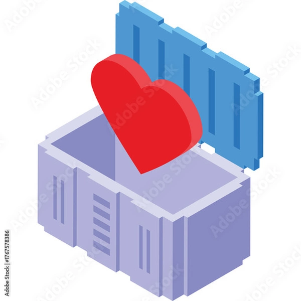 Fototapeta Red Heart Emerging From Open Lidded Transparent Background Chest With Lidded Top Open Showing Open Container