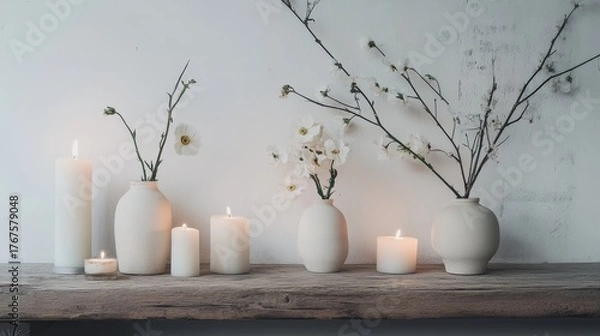 Fototapeta White flowers in plain vases and lit candles sit on a simple wood shelf. A worn white wall is behind it. Home decorations.
