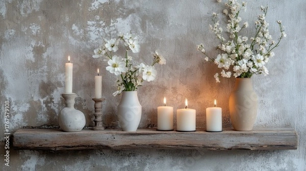 Fototapeta White flowers in simple vases and lit candles sit on a rustic wooden shelf. The wall behind it is a rough, gray plaster. A cozy home decoration.
