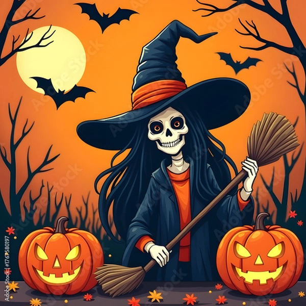 Fototapeta Halloween illustration of a skeleton witch with a broom. A spooky scene is set with bats, pumpkins, and a full moon.