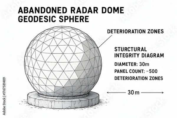 Fototapeta Abandoned Radar Dome with Peeling Paint and Rust for Urban Exploration Photography and History