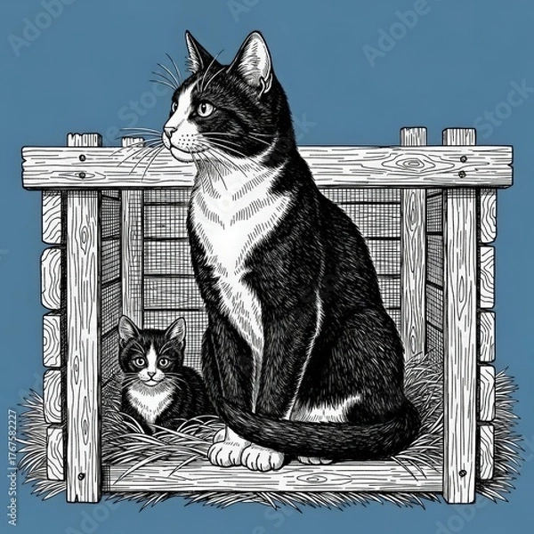 Fototapeta Whimsical illustration of a large black and white cat sitting proudly beside a smaller kitten in a rustic wooden cage