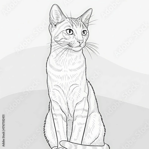 Fototapeta Artistic sketch of a seated domestic cat with alert eyes and whiskers