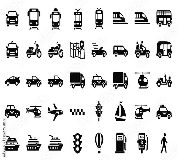 Fototapeta Collection of transportation icons isolated on white background, featuring a variety of vehicles such as cars, buses, trains, airplanes, ships, and more, all in simple black silhouettes