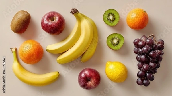 Obraz Assorted fresh fruits on neutral background, healthy food diversity