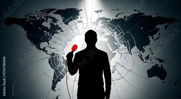 Fototapeta A silhouetted figure standing before a fractured world map, symbolizing global influence, communication impact, and the dissemination of critical information across international landscapes