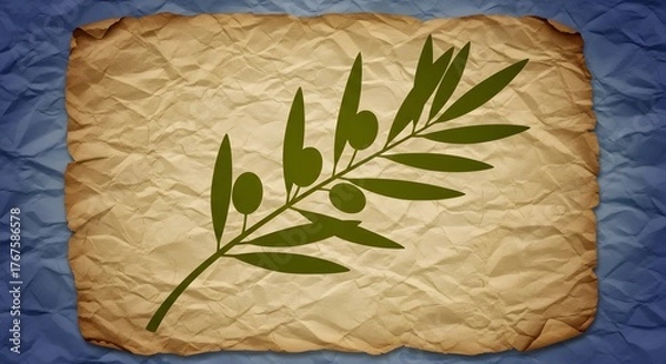 Fototapeta A close-up of a green olive branch with berries, set against a backdrop of aged parchment paper on a textured blue surface