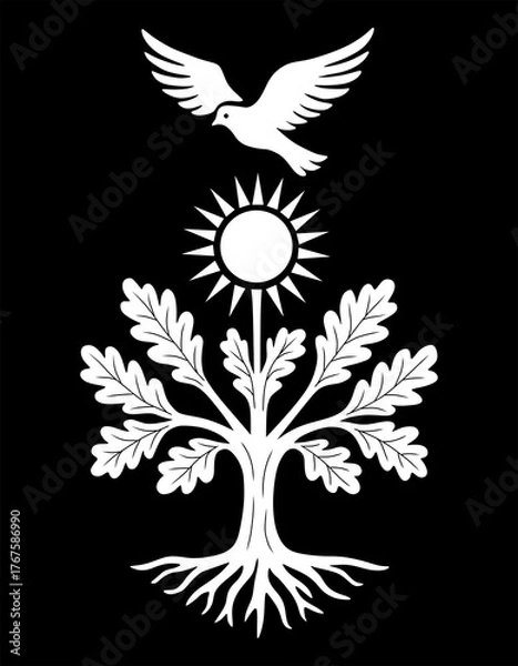 Fototapeta A symbol of life, harmony, and peace. An abstract symbolic drawing—a tree of life with spreading branches, a solar circle, and a flying dove at the top.