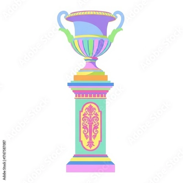 Fototapeta Vibrant and colorful trophy cup displayed on an ornate pedestal in a whimsical artistic style